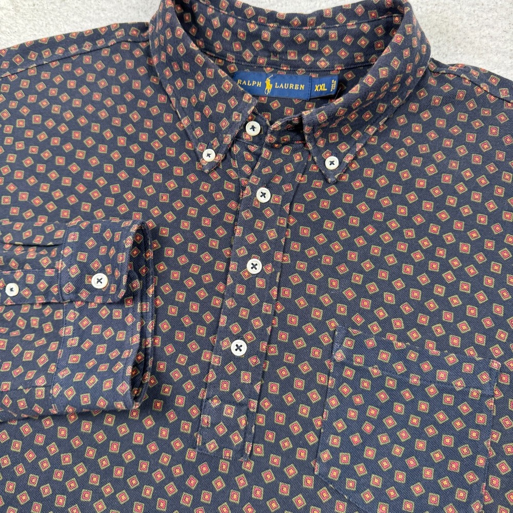 Ralph Lauren Shirt Men's XXL Long Sleeve Mesh Polo Pullover Geometric Print AOP